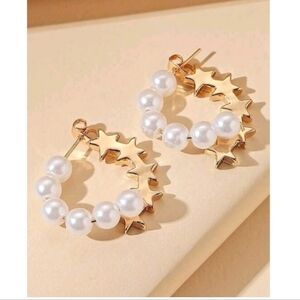 NEW! Gold Plated Celestial Pearl & Stars Gold Post Earrings